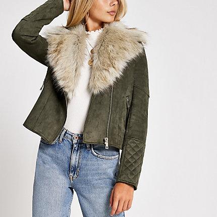 River Island Womens Faux Fur Collar Suede Biker Jacket