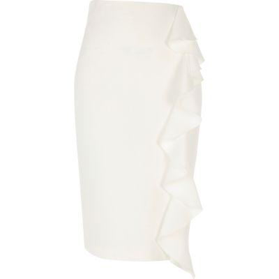 River Island Womens White Frill Midi Pencil Skirt