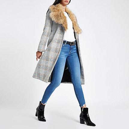 River Island Womens Check Print Belted Faux Fur Robe Coat