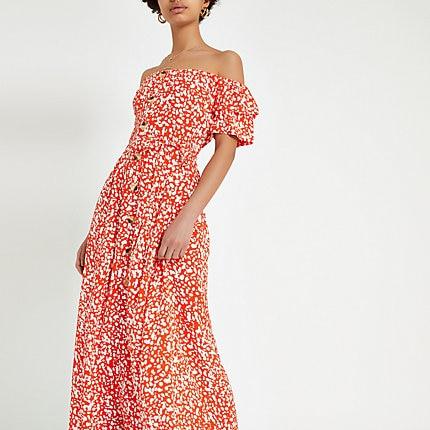 River Island Womens Floral Button Front Bardot Maxi Dress