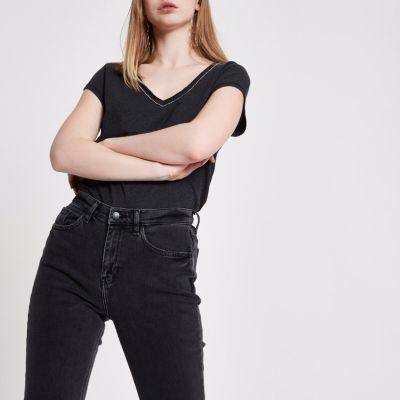 River Island Womens Rhinestone Trim V Neck T-shirt