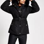 River Island Womens Petite Faux Fur Hood Belt Puffer Jacket