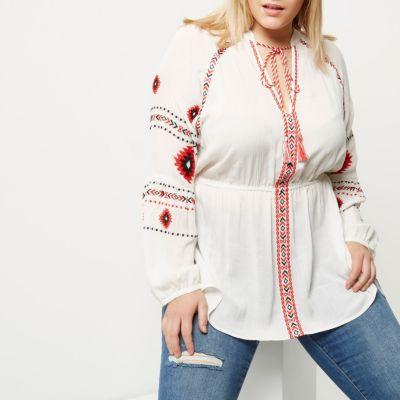 River Island Womens Plus White Embroidered Tassel Smock Top