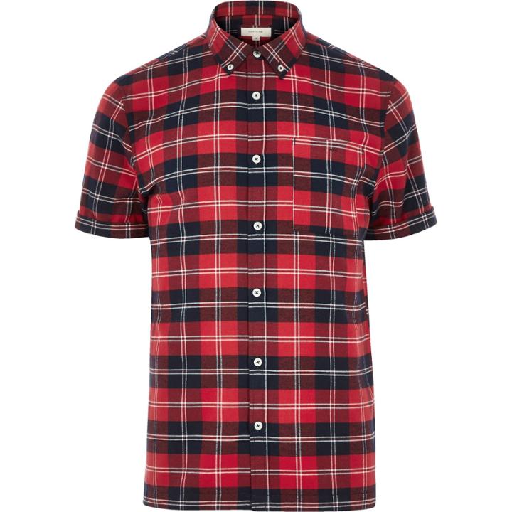 River Island Mensred Check Short Sleeve Slim Shirt