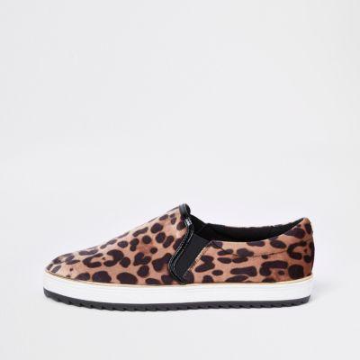 River Island Womens Leopard Print Slip On Chunky Plimsolls