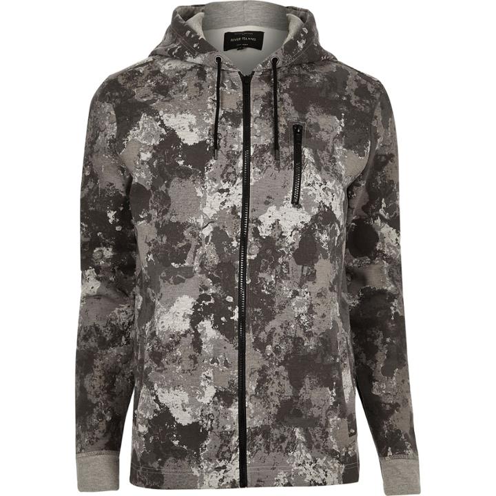 River Island Mensgrey Camouflage Print Zip Hoodie