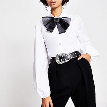River Island Womens White Contrast Diamante Bow Collar Shirt