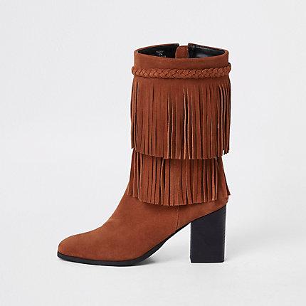 River Island Womens Suede Fringe Block Heel Boots