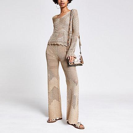 River Island Womens Gold Crochet Wide Leg Trousers