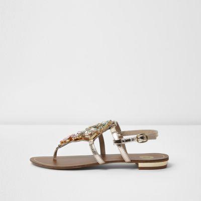 River Island Womens Gold Metallic Embellished Flat Sandals