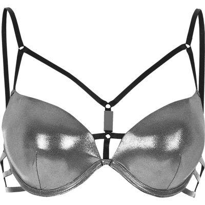 River Island Womens Silver Strappy Plunge Bikini Top