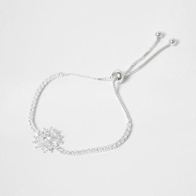 River Island Womens Silver Tone Diamante Flower Lariat Bracelet