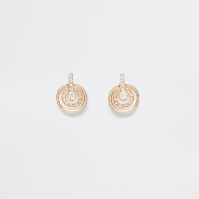 River Island Womens Gold Tone Double Hoop Pave Stud Earrings