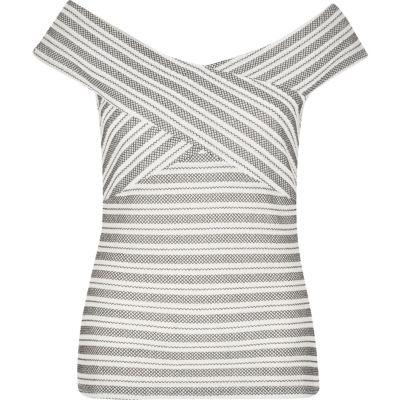 River Island Womens White Embroidered Stripe Bardot Top