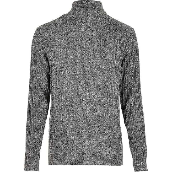 River Island Mensdark Ribbed Roll Neck Slim Fit Sweater