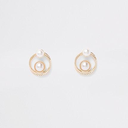 River Island Womens Gold Tone Double Pearl Swirl Stud Earrings