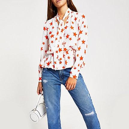 River Island Womens Star Print Tie Neck Long Sleeve Top