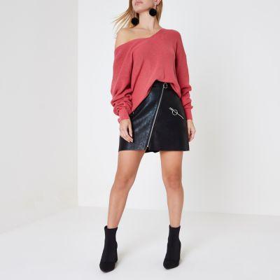 River Island Womens Petite Faux Leather Ring Zip Mini Skirt