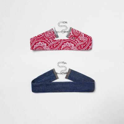 River Island Womens Denim And Red Paisley Choker Pack