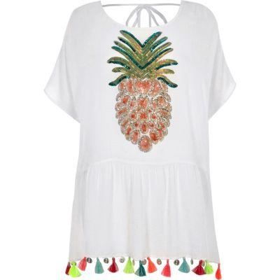 River Island Womens White Sequin Pineapple Tassel Beach Cover Up