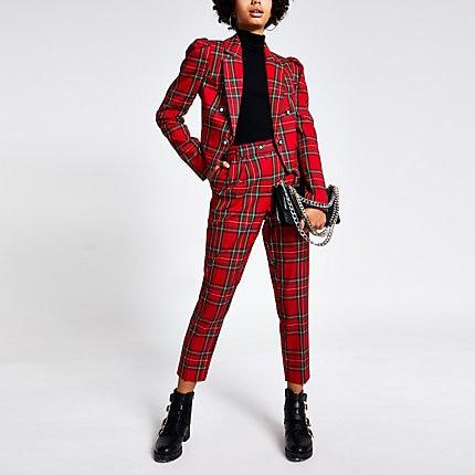 River Island Womens Tartan Puff Sleeve Cropped Blazer