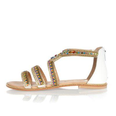 River Island Womens White Leather Bead Embellished Sandals