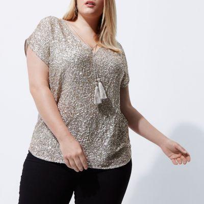 River Island Womens Plus Gold Sequin Tassel Front T-shirt