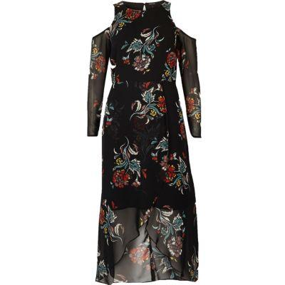 River Island Womens Floral Print Cold Shoulder Midi Dress