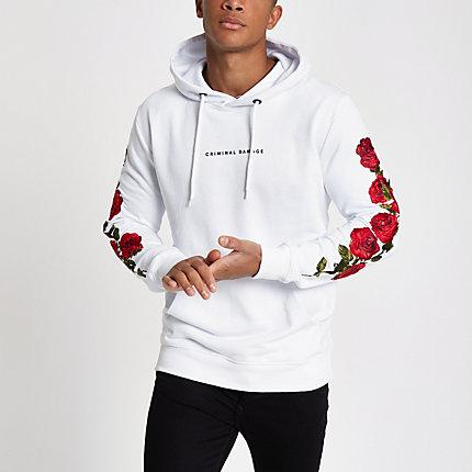 Mens Criminal Damage White Rose Embroidered Hoodie
