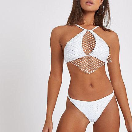 River Island Womens White Rhinestone Thong Bikini Bottoms