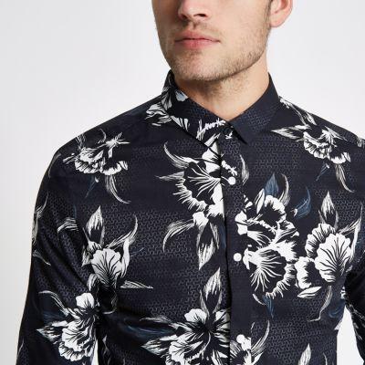 River Island Mens Mono Floral Print Long Sleeve Slim Fit
