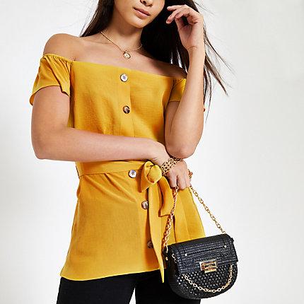 River Island Womens Button Front Bardot Tie Waist Top
