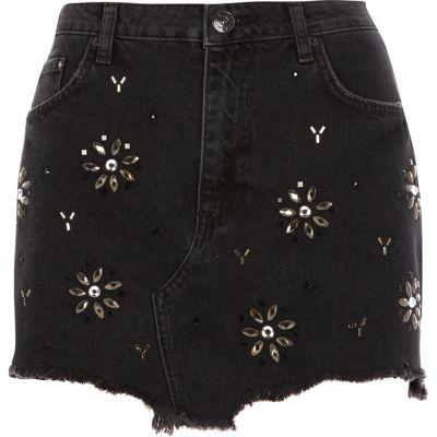 River Island Womens Gem Embellished Frayed Hem Denim Skirt