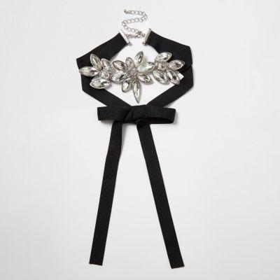 River Island Womens Floral Rhinestone Grosgrain Bolo Choker