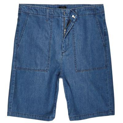 River Island Mens Wash Wide Leg Denim Worker Shorts