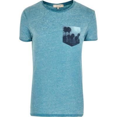 River Island Mensturquoise Chest Print T-shirt