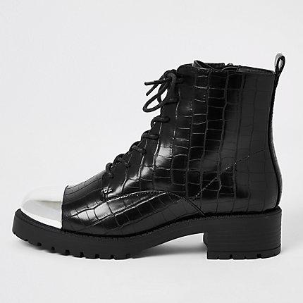River Island Womens Leather Croc Embossed Lace-up Boots