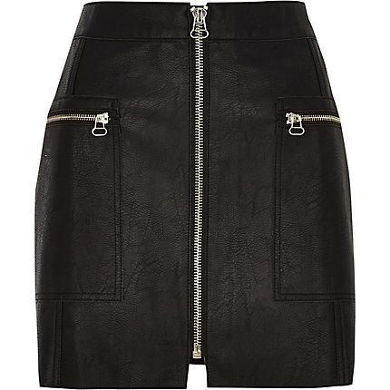 River Island Womens Petite Leather Zip Front Mini Skirt