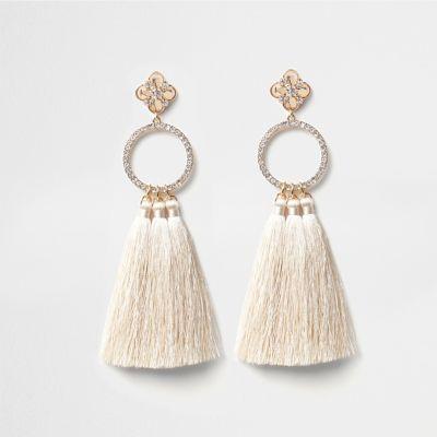 River Island Womens Gold Tone Diamante Hoop Tassel Earrings