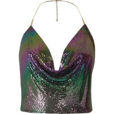 River Island Womens Mermaid Chainmail Halter Cowl Neck Top