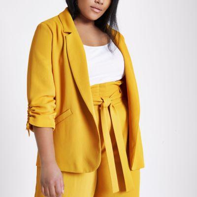 River Island Womens Plus Yellow Ruched Sleeve Blazer