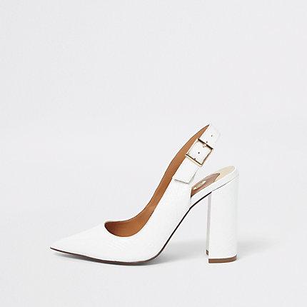 River Island Womens White Croc Block Heel Sling Back Pumps