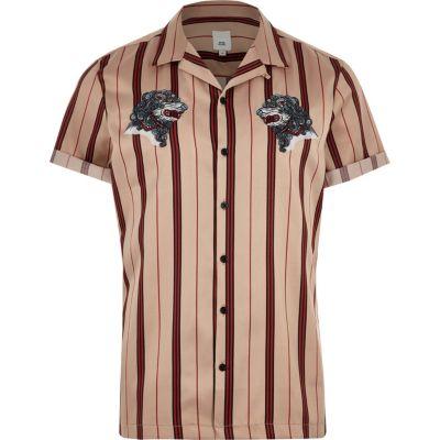 River Island Mens Stripe Wolf Embroidered Revere Shirt