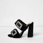 River Island Womens Faux Fur Rhinestone Buckle Heeled Mules