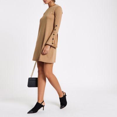 River Island Womens Button Bell Sleeve Shift Jersey Dress