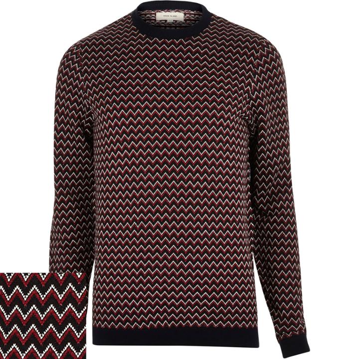 River Island Mensnavy Zig Zag Knitted Jumper