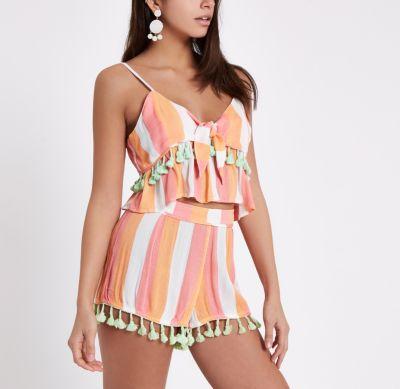 River Island Womens Stripe Pom Pom Shorts