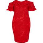 River Island Womens Petite Lace Frill Bardot Bodycon Mini Dre