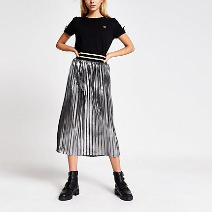 River Island Womens Silver Metallic Pleated Midi Skirt