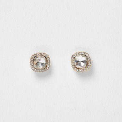 River Island Womens Gold Tone Rhinestone Square Stud Earrings